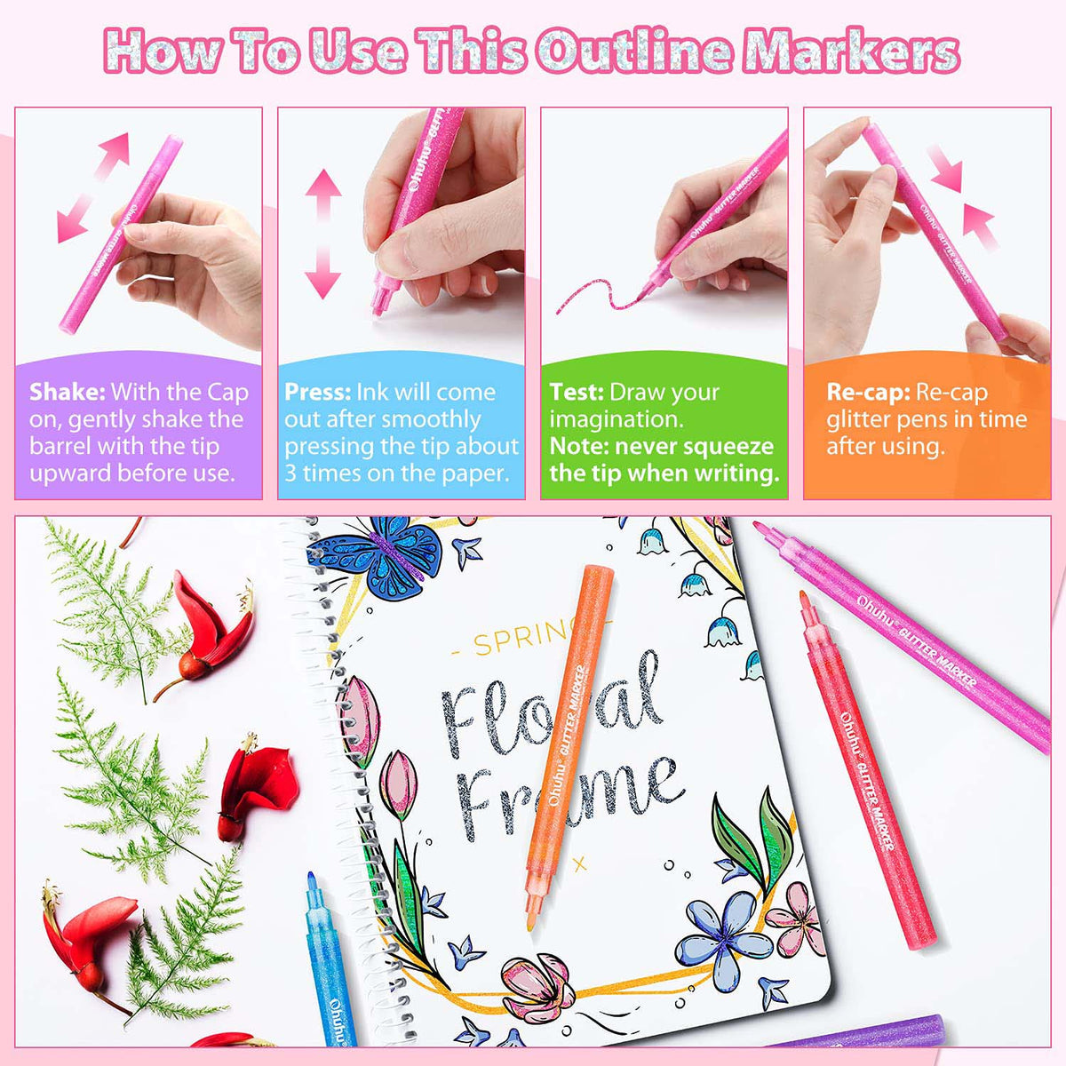 Ohuhu Water-Based Glitter Metallic Marker Pens, 12 Shimmer Colors free delivery