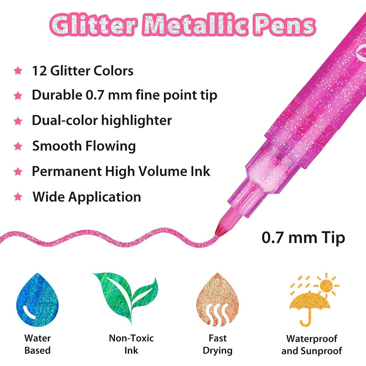 Ohuhu Water-Based Glitter Metallic Marker Pens, 12 Shimmer Colors free delivery